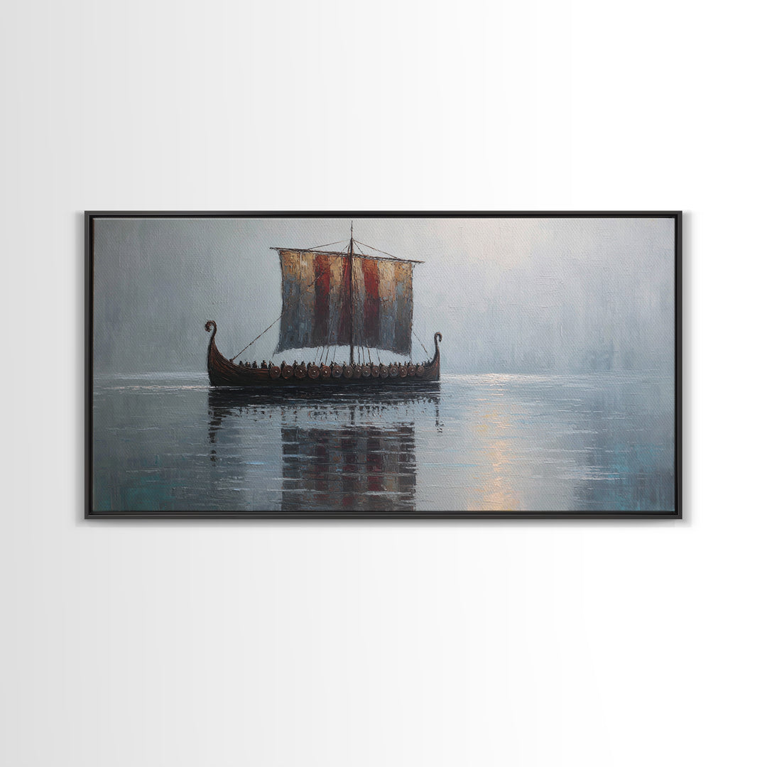 Viking Longship In Misty Water Canvas Print, Nautical Wall Art, Norse Seascape Painting, Coastal Decor For Living Room Art