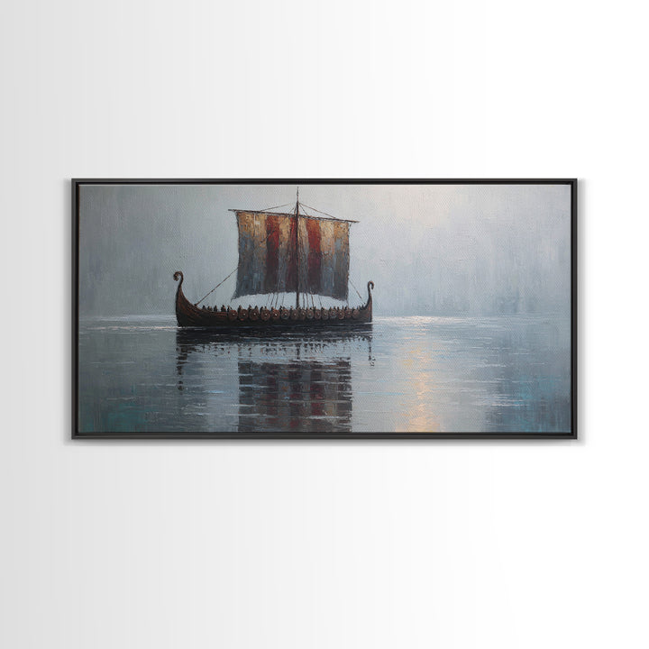 Viking Longship In Misty Water Canvas Print, Nautical Wall Art, Norse Seascape Painting, Coastal Decor For Living Room Art