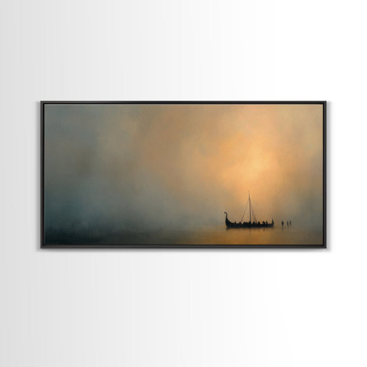 Misty Viking Ship At Golden Fog Canvas Print, Nordic Seascape Wall Decor, Minimalist Coastal Art, Calming Home Decor, Above Sofa Art