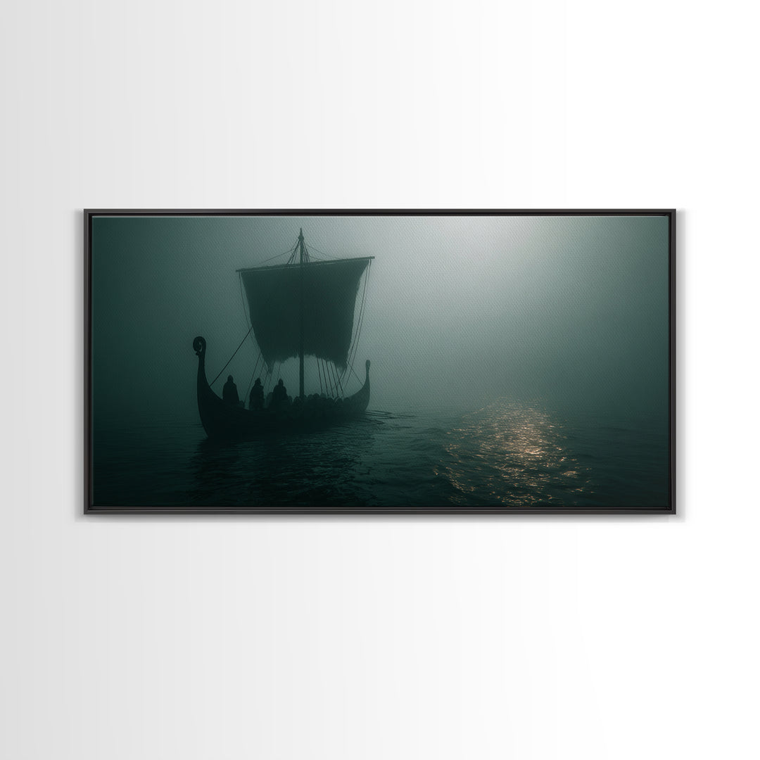 Foggy Viking Longship On Silent Water Wall Art, Nautical Art, Moody Wall Art, Scandinavian Decor, Living Room Decor, Office Decor