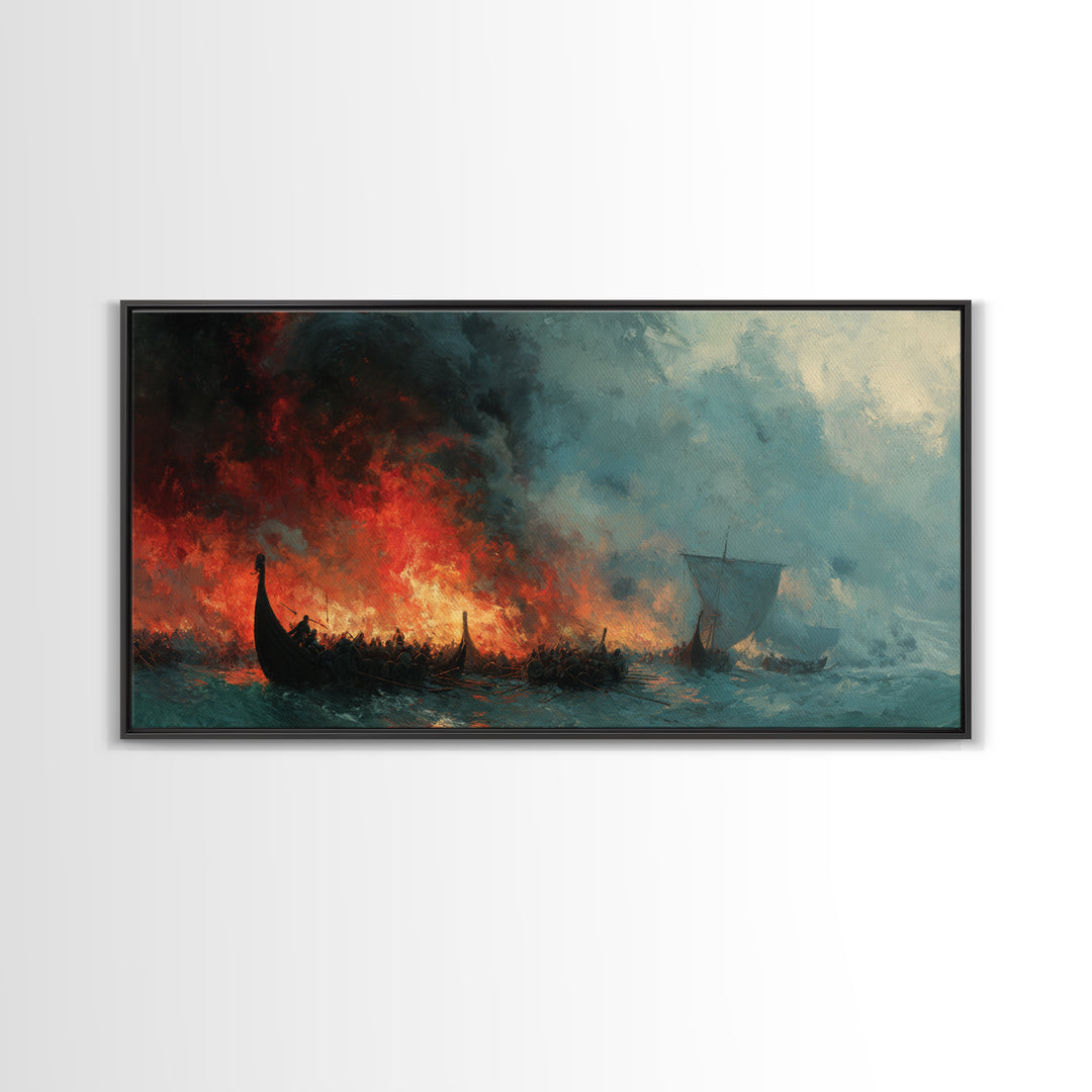 Burning Viking Ships At Stormy Sea Wall Art, Dramatic Norse Seascape Canvas Decor, Historical Ocean Art For Man Cave Decor