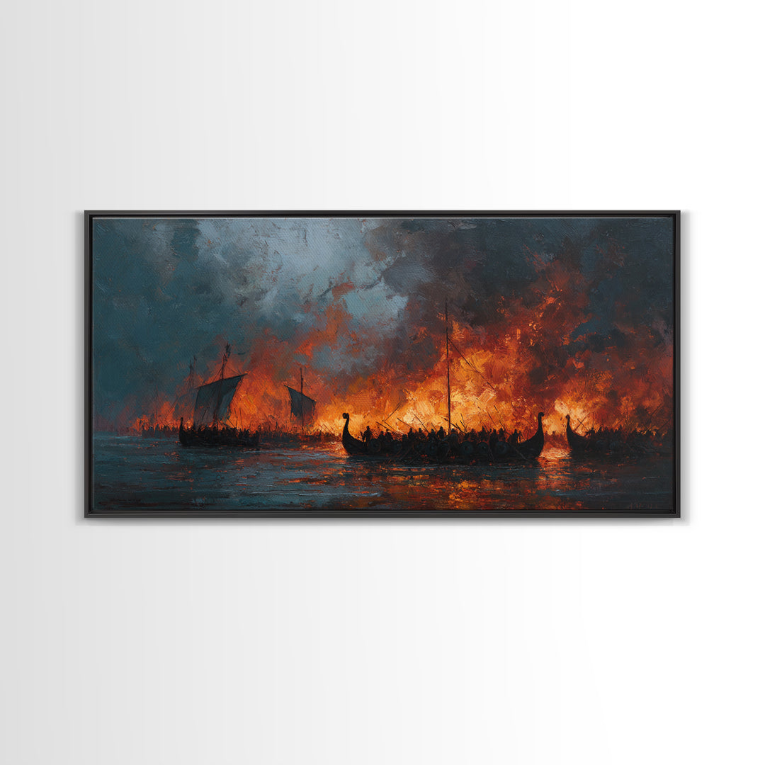 Burning Viking Longships At Sea Wall Art, Dramatic Fantasy Art, Moody Seascape, Historical Battle, Living Room Decor, Office Decor