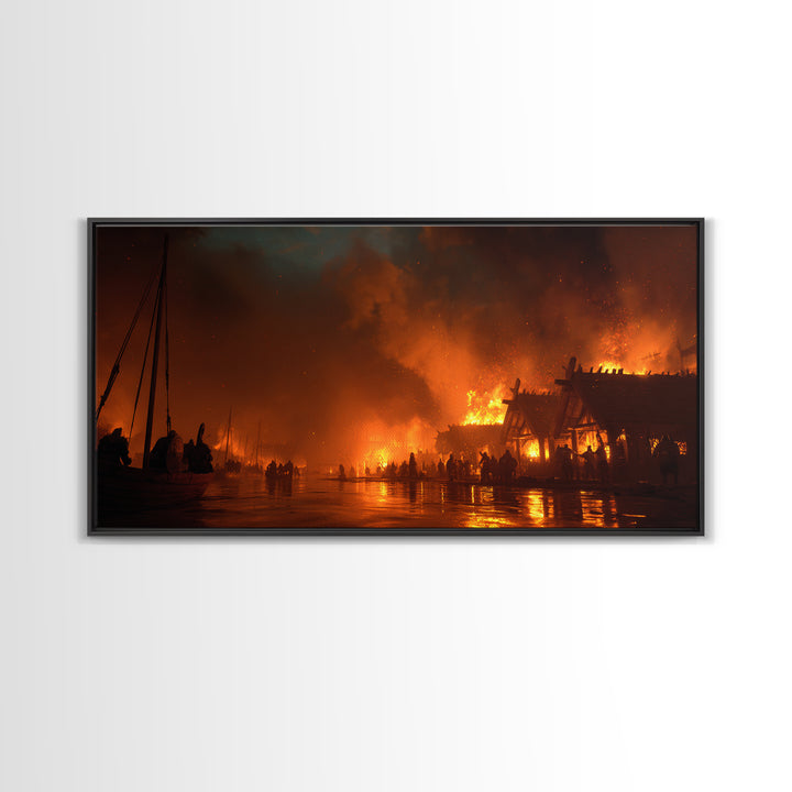 Burning Viking Village At Night Canvas Print, Fiery Harbor Wall Art, Norse Fantasy Decor, Dramatic Medieval Landscape Poster