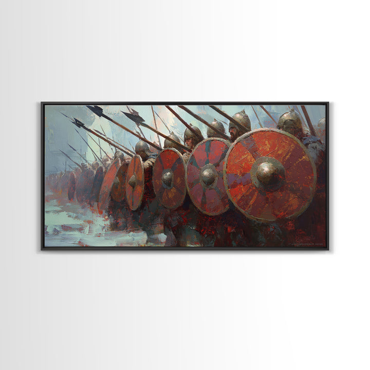 Spartan Phalanx With Red Shields Framed Canvas Print Ancient Warrior Wall Art, Historical Battle Office Decor For Man Cave