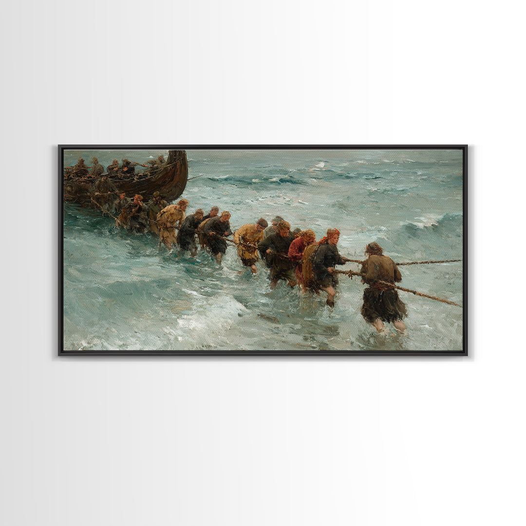 Viking Ship Landing In Icy Surf Framed Canvas Print, Norse Seascape Wall Art, Coastal Adventure Home Decor, Unique Gift For Him