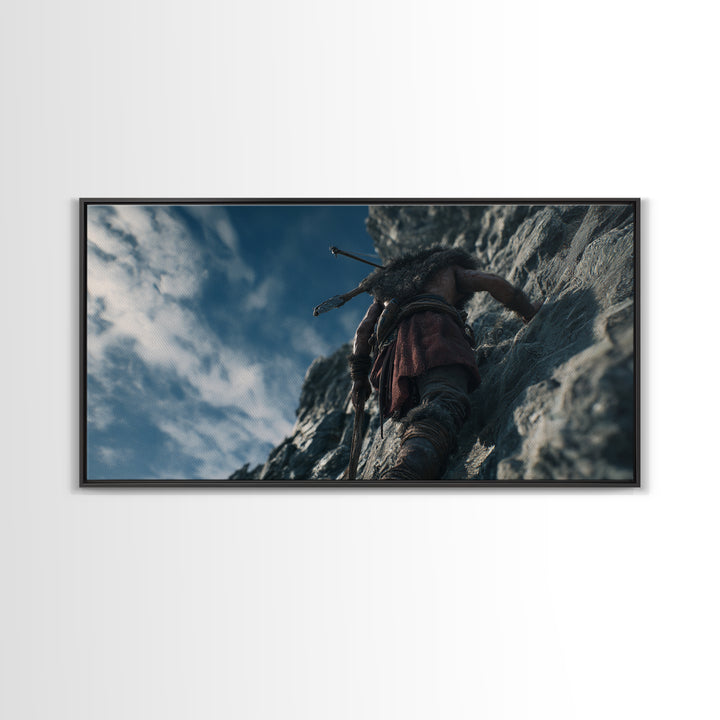 Rugged Warrior Climbing Sheer Mountain Cliff Canvas Print, Adventure Decor, Mountain Wall Art, Fantasy Art, Gift For Him