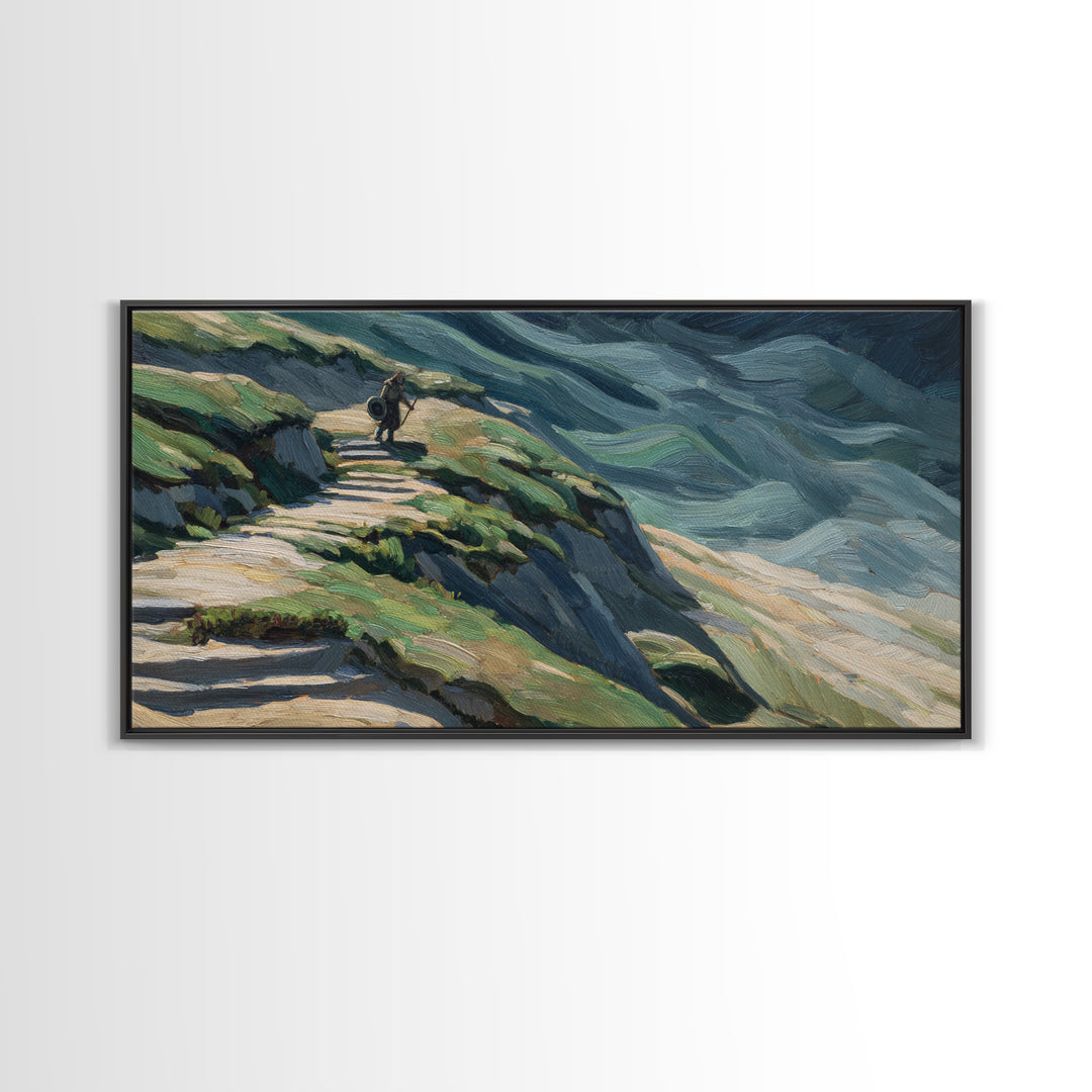 Rider On Mountain Path In Textured Hills Wall Art, Impressionist Landscape Canvas Print, Rustic Nature Decor, Home Decor