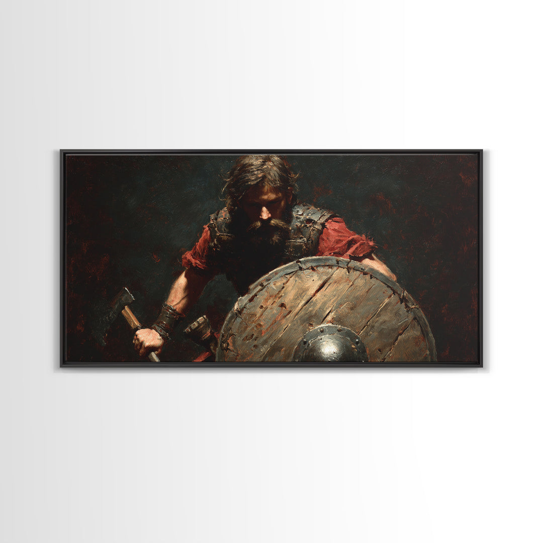 Bearded Viking Warrior With Shield Canvas Print, Norse Battle Artwork, Dark Fantasy Art, Rustic Man Cave Wall Decor, Gift For Him