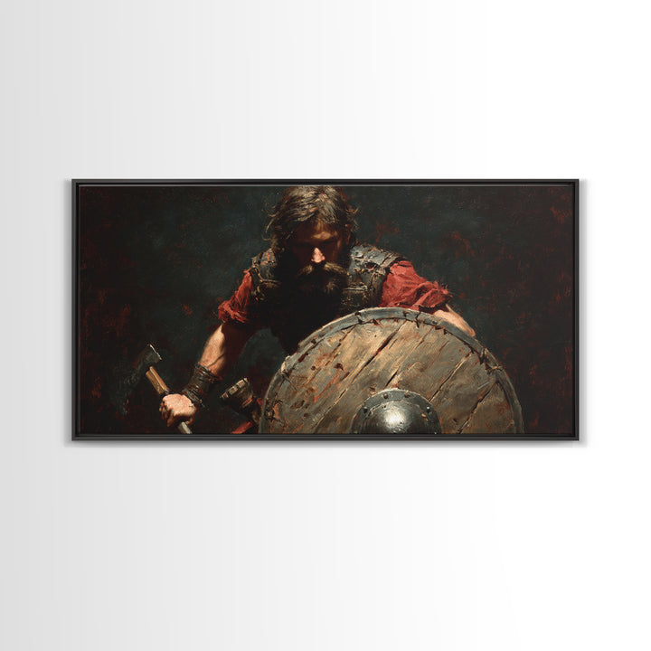 Bearded Viking Warrior With Shield Canvas Print, Norse Battle Artwork, Dark Fantasy Art, Rustic Man Cave Wall Decor, Gift For Him