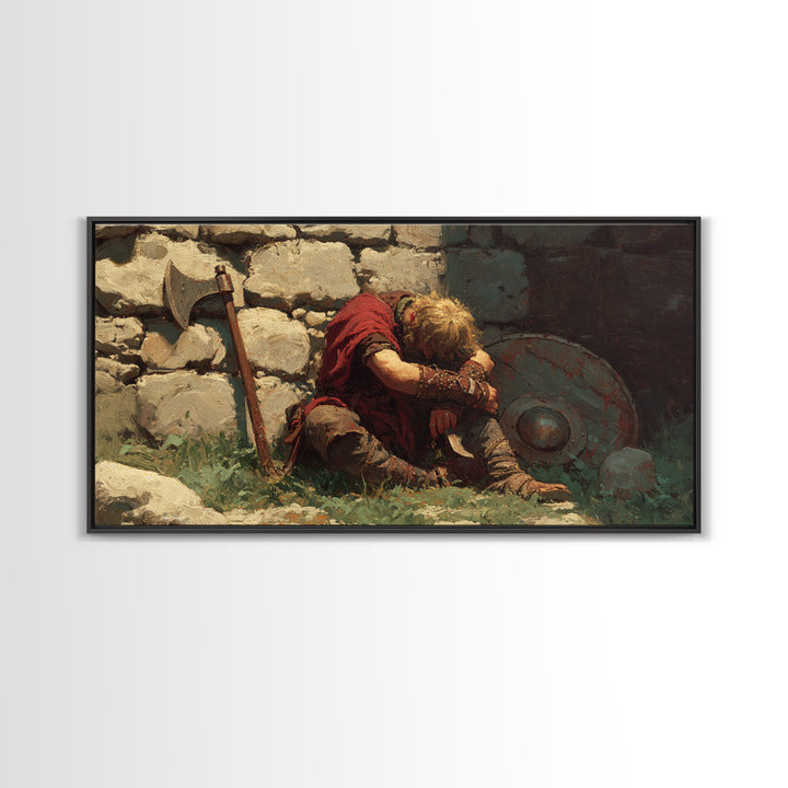 Wounded Viking Resting By Stone Wall Canvas Print, Norse Warrior Artwork, Rustic Historical Decor, Dark Academia Art, Gift For Him