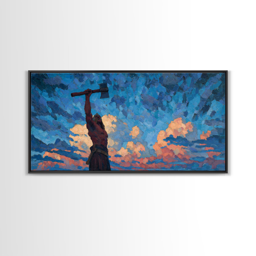 Dynamic Expressionist Oil Painting Of Man With Raised Axe Under Blue Sky Modern Wall Art Canvas Print