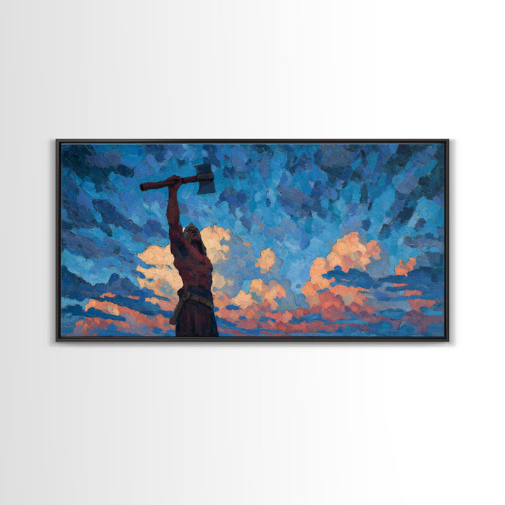 Dynamic Expressionist Oil Painting Of Man With Raised Axe Under Blue Sky Modern Wall Art Canvas Print