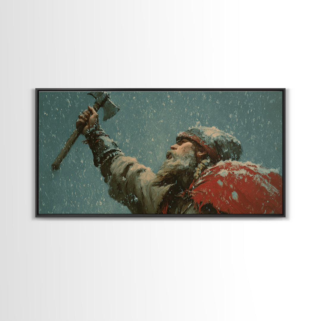 Bearded Viking Raising Axe In Snow Canvas Print, Norse Warrior Wall Art, Winter Fantasy Decor For Man Cave Or Office Gift