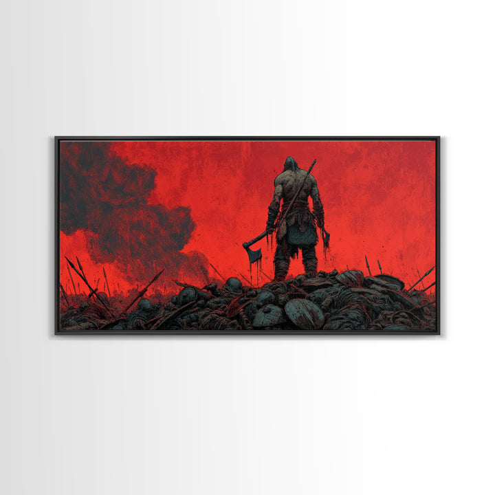 Lone Viking Warrior On Red Battlefield Wall Art, Dark Fantasy Canvas, Nordic War Decor, Masculine Office Art, Gift For Him