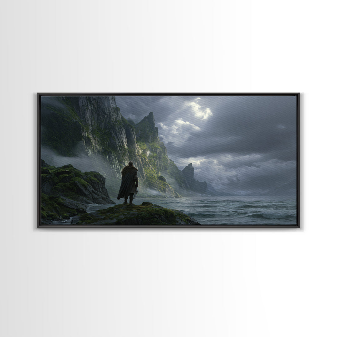 Lonely Wanderer On Stormy Sea Cliffs Canvas Print, Dark Fantasy Landscape Wall Art, Viking Coastal Decor, Moody Seascape