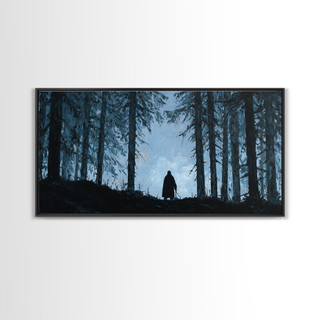 Lone Wanderer In Dark Pine Forest Wall Art, Moody Landscape Print, Gothic Nature Decor, Fantasy Cabin Wall Decor Gift For Him