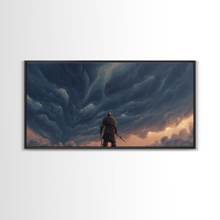 Viking Warrior Beneath Storm Clouds Canvas Print, Nordic Fantasy Wall Art, Moody Landscape Decor, Gift For Him, Living Room Decor