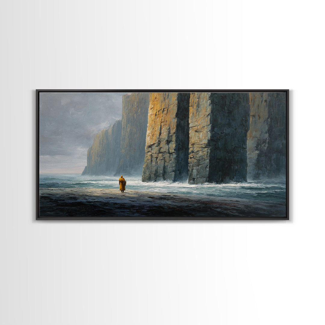 Lone Wanderer By Towering Sea Cliffs Wall Art, Moody Seascape Painting, Coastal Landscape Print, Dramatic Ocean Decor For Living Room