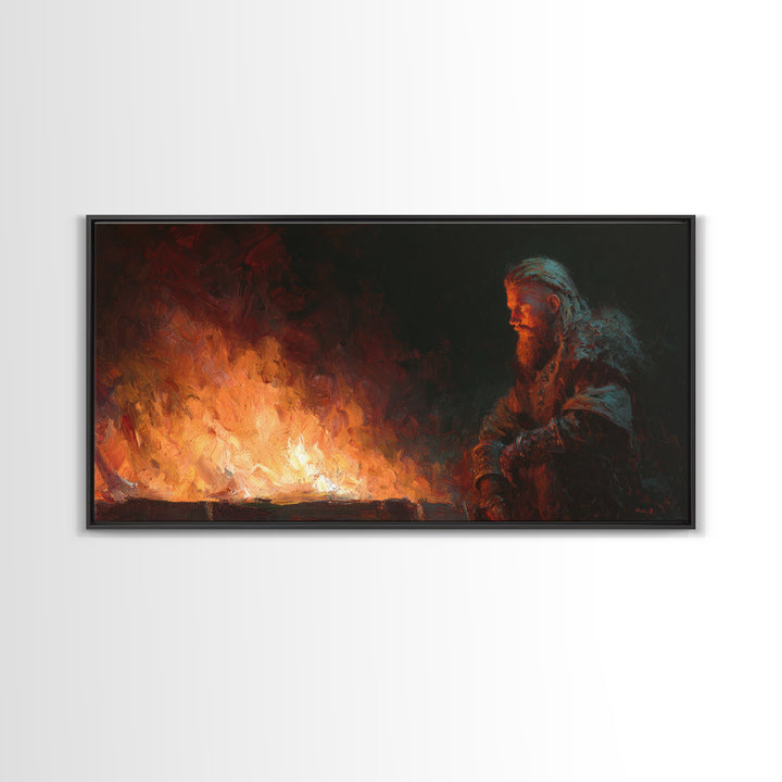 Bearded Viking Beside Blazing Fire Wall Art, Dark Nordic Canvas Print For Rustic Home Decor And Masculine Office Decor Gift