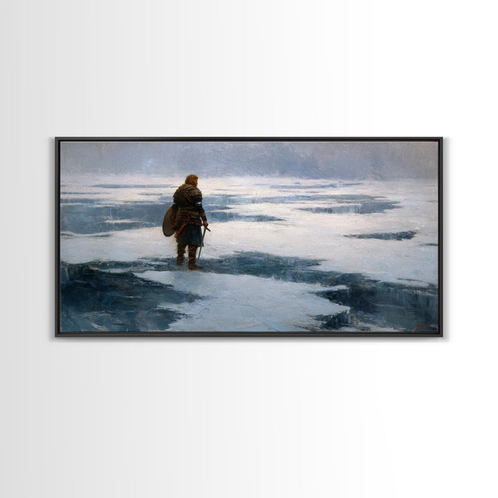 Lone Viking On Frozen Tundra Canvas Print, Nordic Winter Landscape Wall Decor, Medieval Warrior Art For Rustic Home Decor