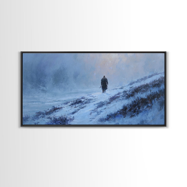 Lone Warrior In Snowy Blue Highlands Wall Art Winter Landscape Canvas, Viking Inspired Decor, Moody Large Print For Living Room Decor