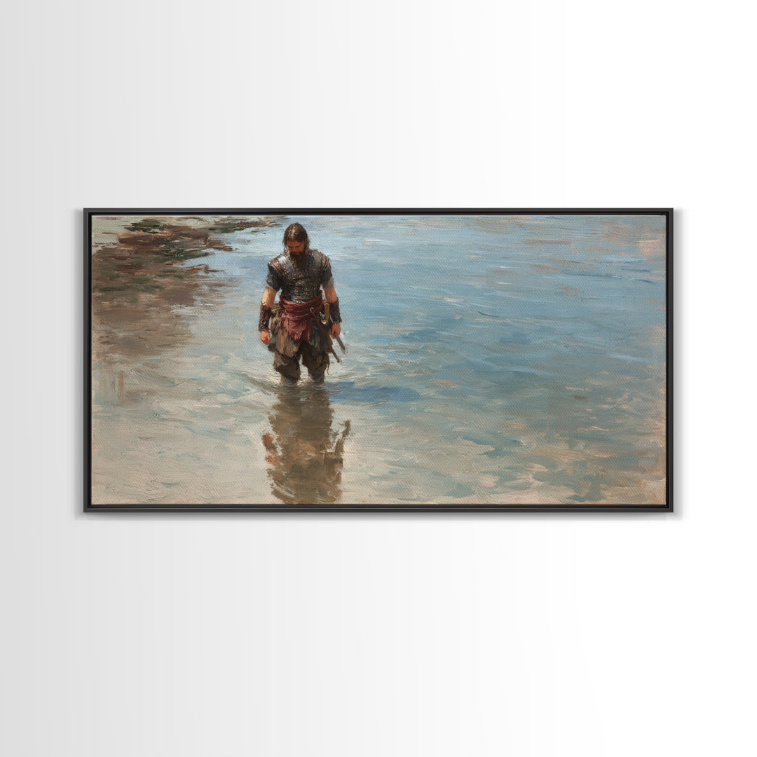 Solitary Warrior Walking Through Blue Water Canvas Print, Coastal Battle Wall Art, Heroic Landscape Decor, Modern Gift For Him