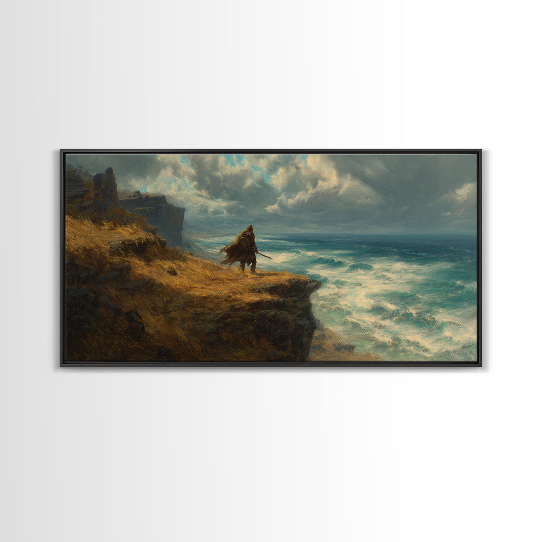 Cloaked Warrior On Ocean Cliff Wall Art, Moody Seascape Canvas Print, Fantasy Coastal Decor For Office Or Living Room Art