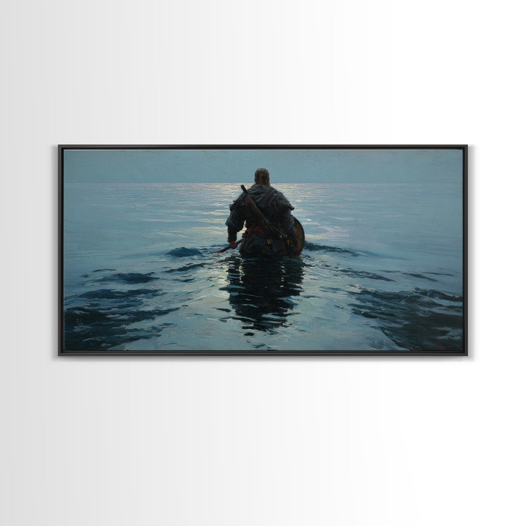 Lone Warrior Wading Into Calm Blue Sea Framed Canvas Print, Nautical Fantasy Wall Art, Moody Coastal Living Room Decor Gift