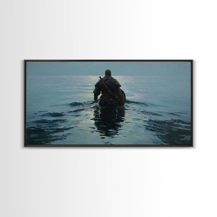 Lone Warrior Wading Into Calm Blue Sea Framed Canvas Print, Nautical Fantasy Wall Art, Moody Coastal Living Room Decor Gift