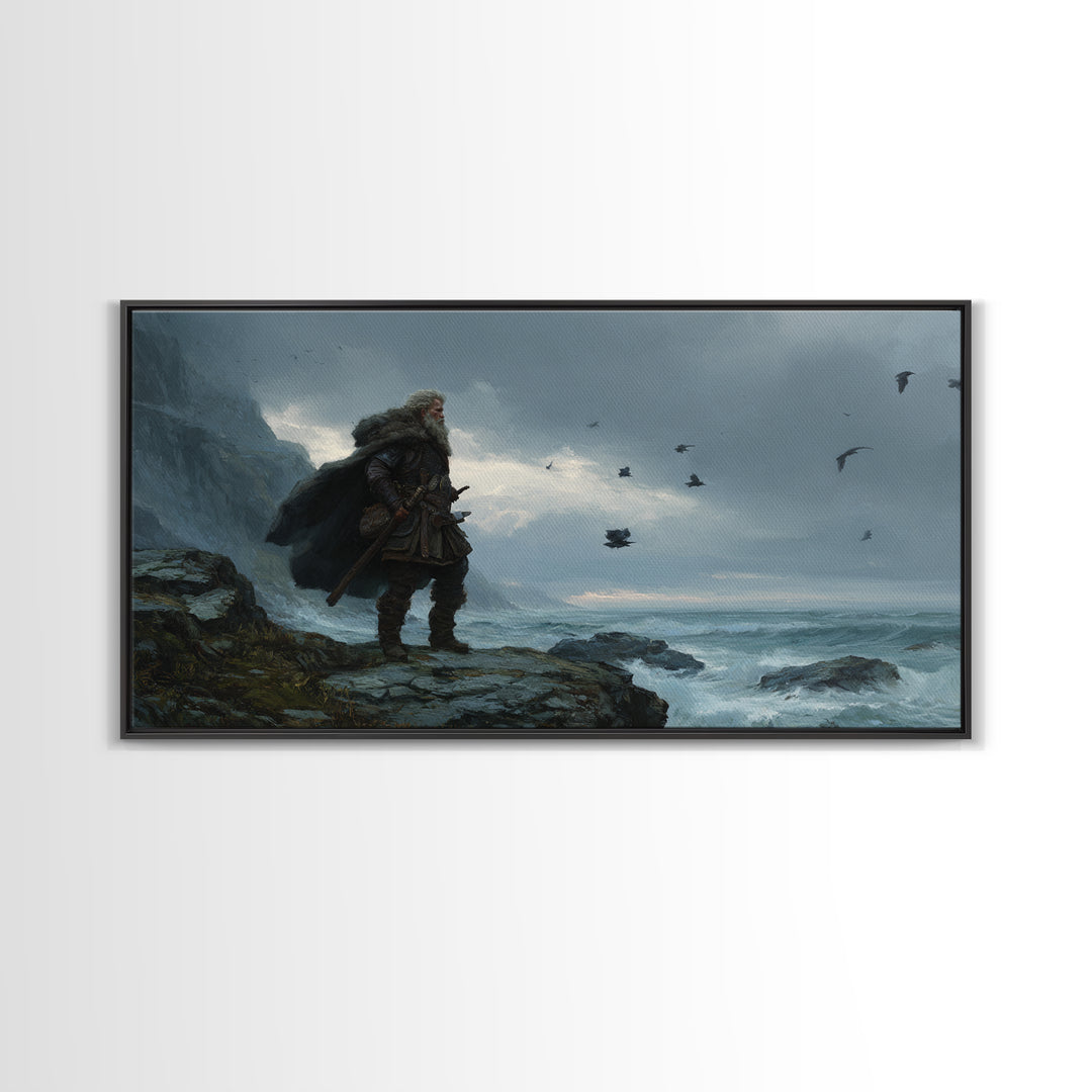 Weathered Viking On Stormy Sea Cliff Wall Art, Nordic Warrior Canvas Print For Masculine Office Decor And Coastal Home Decor