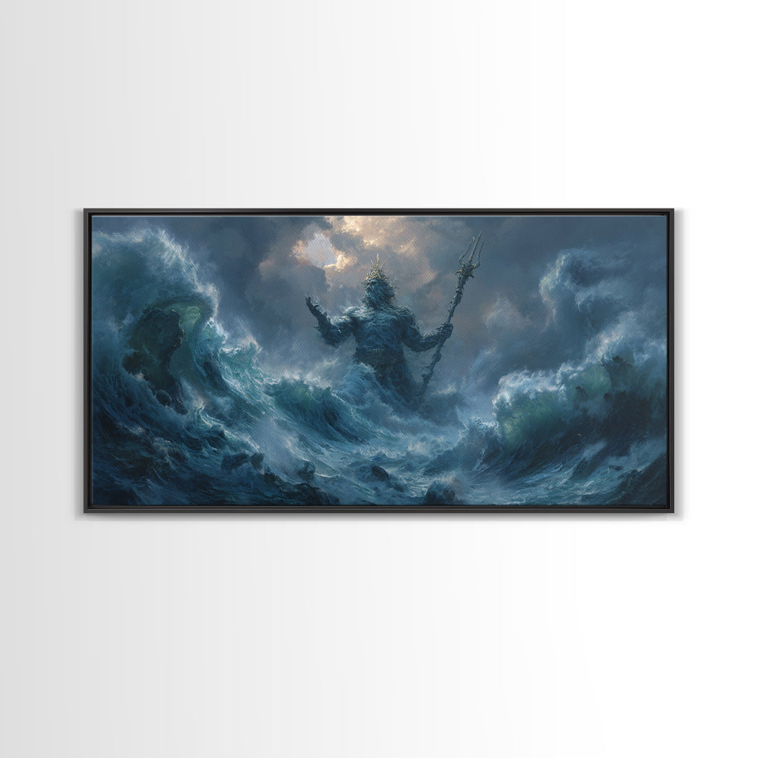 Majestic Mythical Ocean God Painting Wall Art Canvas Print For Coastal Rustic Home Decor And Living Room