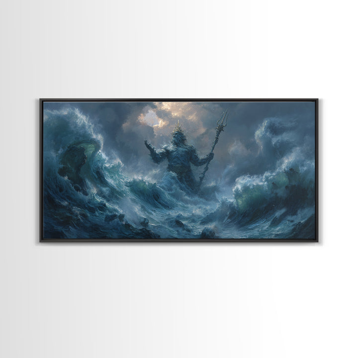 Majestic Mythical Ocean God Painting Wall Art Canvas Print For Coastal Rustic Home Decor And Living Room