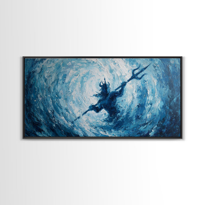 Poseidon Trident In Swirling Ocean Canvas Print Mythological Large Blue Wall Art, Fantasy Seascape For Coastal Home Decor