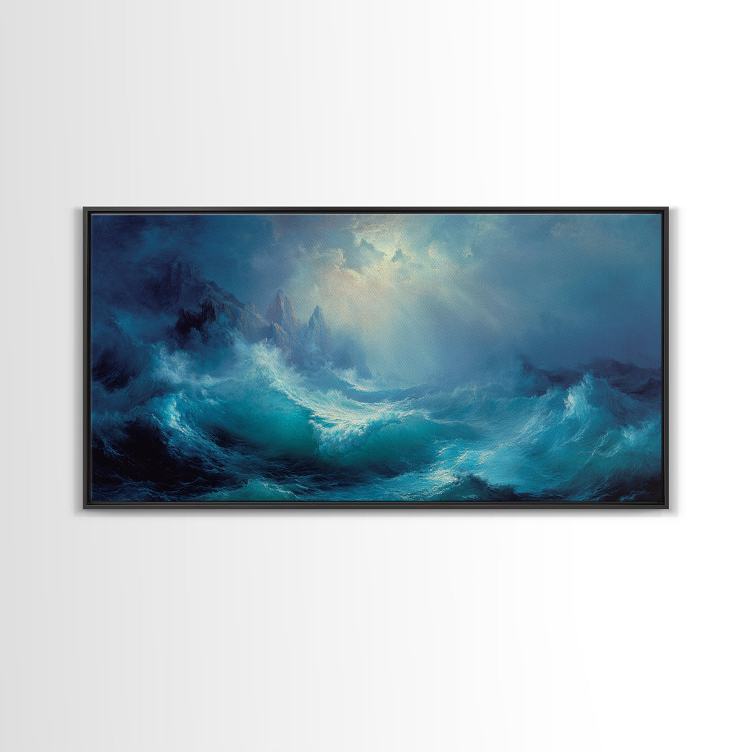 Stormy Turquoise Blue Ocean Waves Canvas Print, Dramatic Seascape Wall Decor, Coastal Landscape Art For Living Room Decor