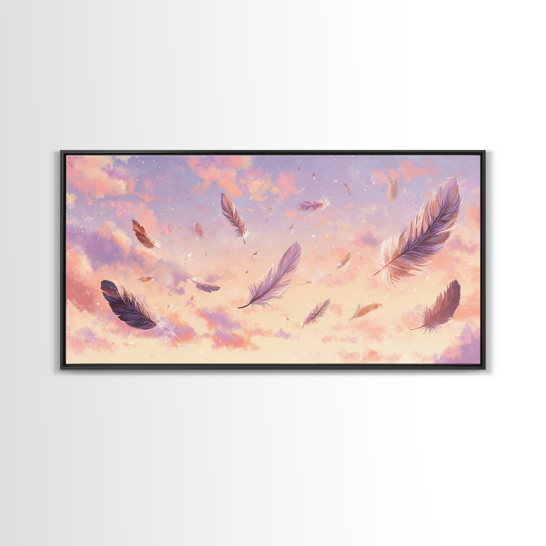 Floating Feathers Canvas Print, Pastel Sunset Sky Wall Art, Dreamy Celestial Decor, Soft Boho Bedroom Wall Decor, Gift For Her