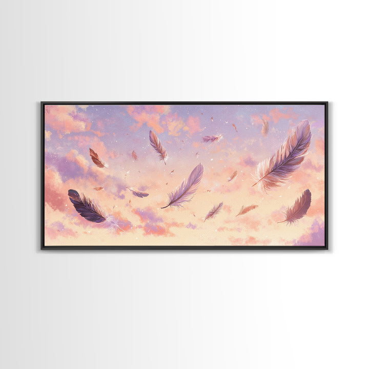Floating Feathers Canvas Print, Pastel Sunset Sky Wall Art, Dreamy Celestial Decor, Soft Boho Bedroom Wall Decor, Gift For Her