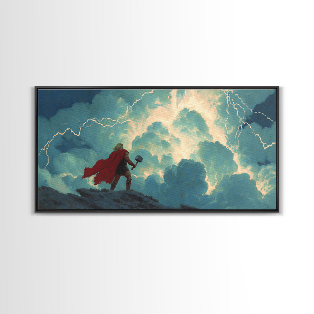 Norse Thunder God With Hammer Wall Art, Lightning Storm Mythology Canvas Decor, Viking Fantasy Print For Game Room Decor