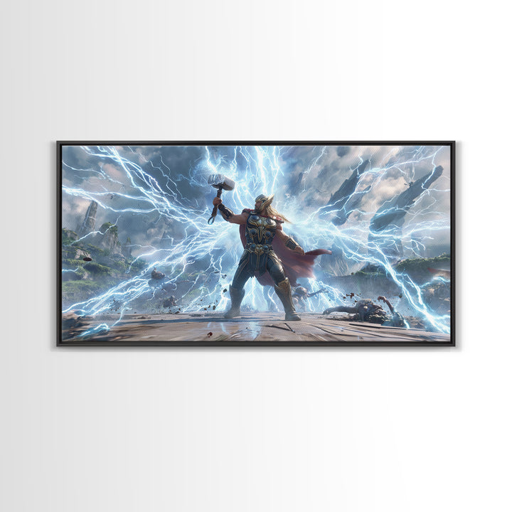 Epic Fantasy Artwork Of Thunder God Wielding Hammer Lightning Storm Detailed Surreal Wall Art Canvas Print