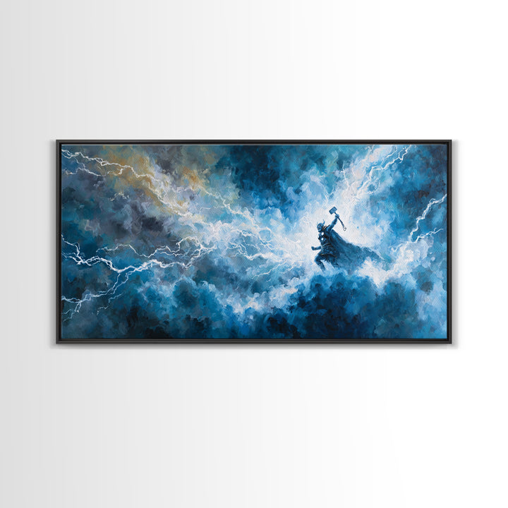 Thunder God In Lightning Storm Canvas Print Epic Fantasy Wall Art, Blue Mythology Home Decor, Viking Inspired Gift For Him