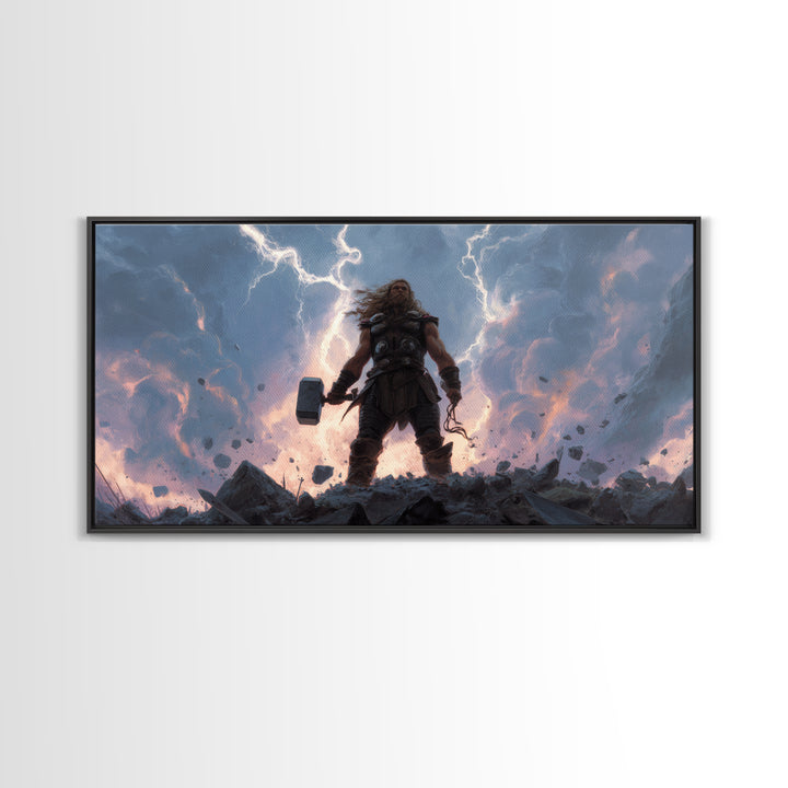 Thunder God Warrior With Hammer And Lightning Wall Art, Mythological Fantasy Canvas Print, Dramatic Storm Decor Gift For Him