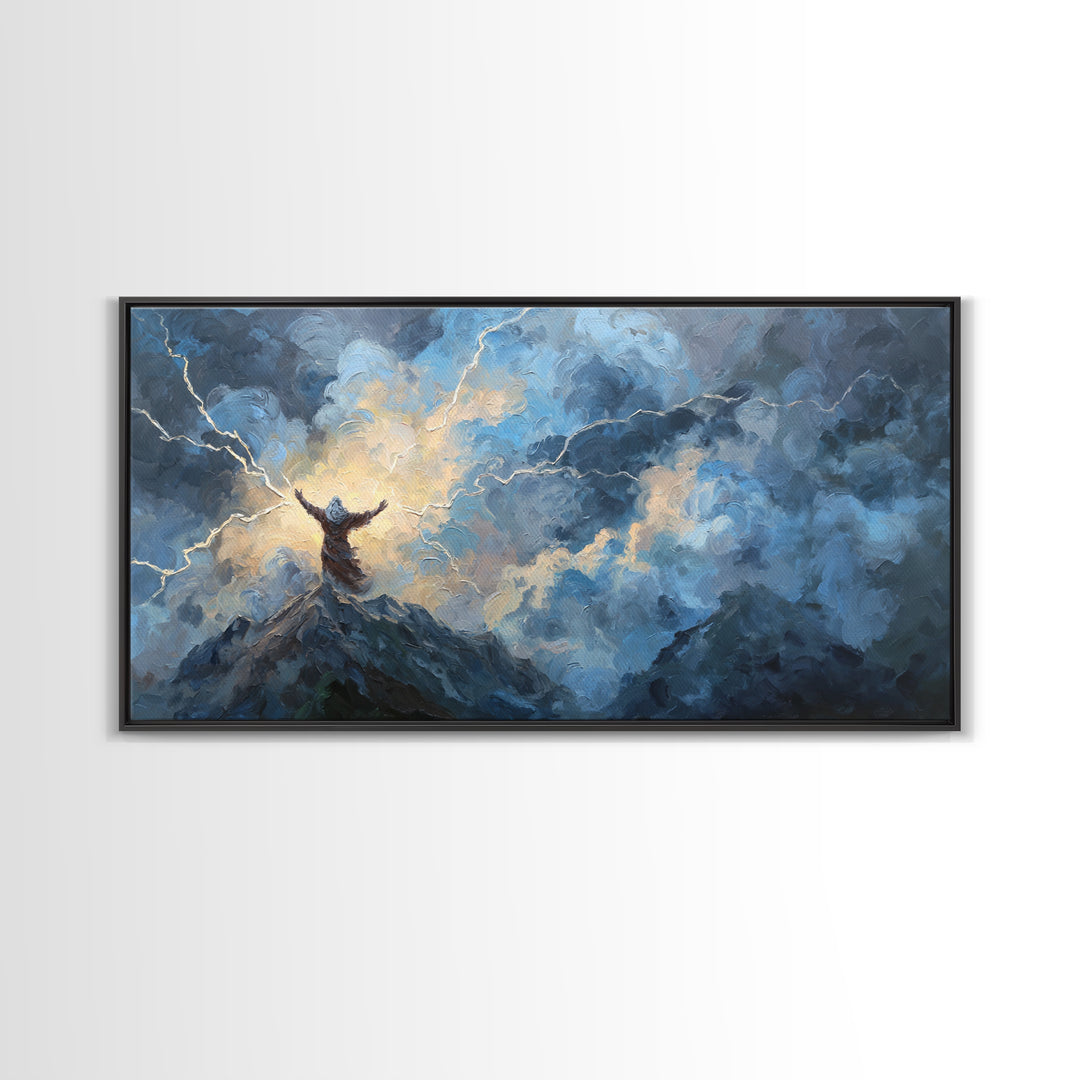 Storm Figure On Mountain Peak Canvas Print Lightning Sky Wall Art, Mythological Fantasy Landscape For Dramatic Home Decor