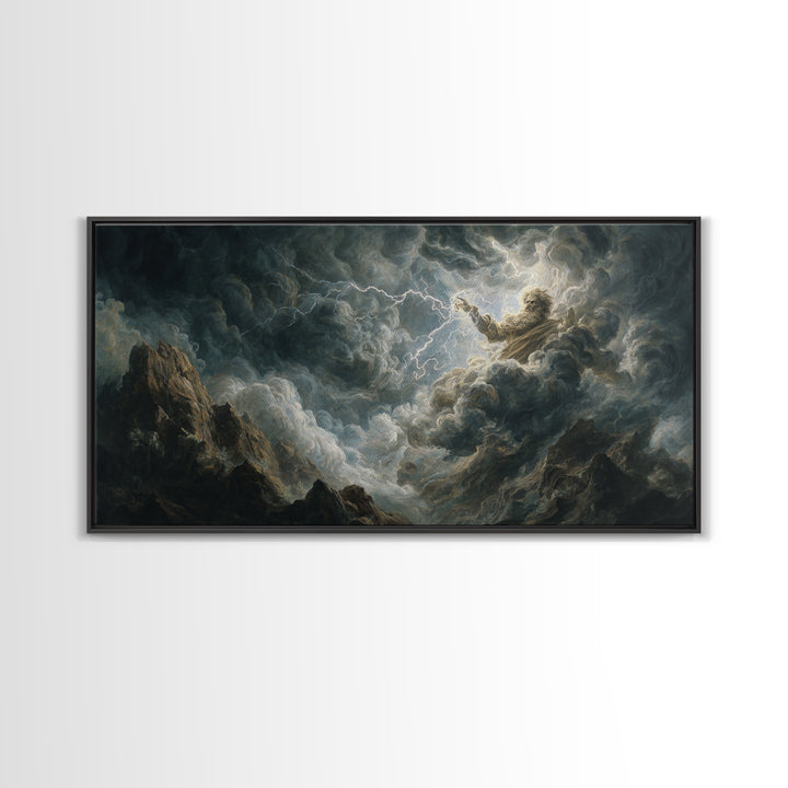 Stormy Divine Figure In Lightning Clouds Wall Art, Dramatic Mythological Canvas Print For Moody Gothic Home Decor And Fantasy Art