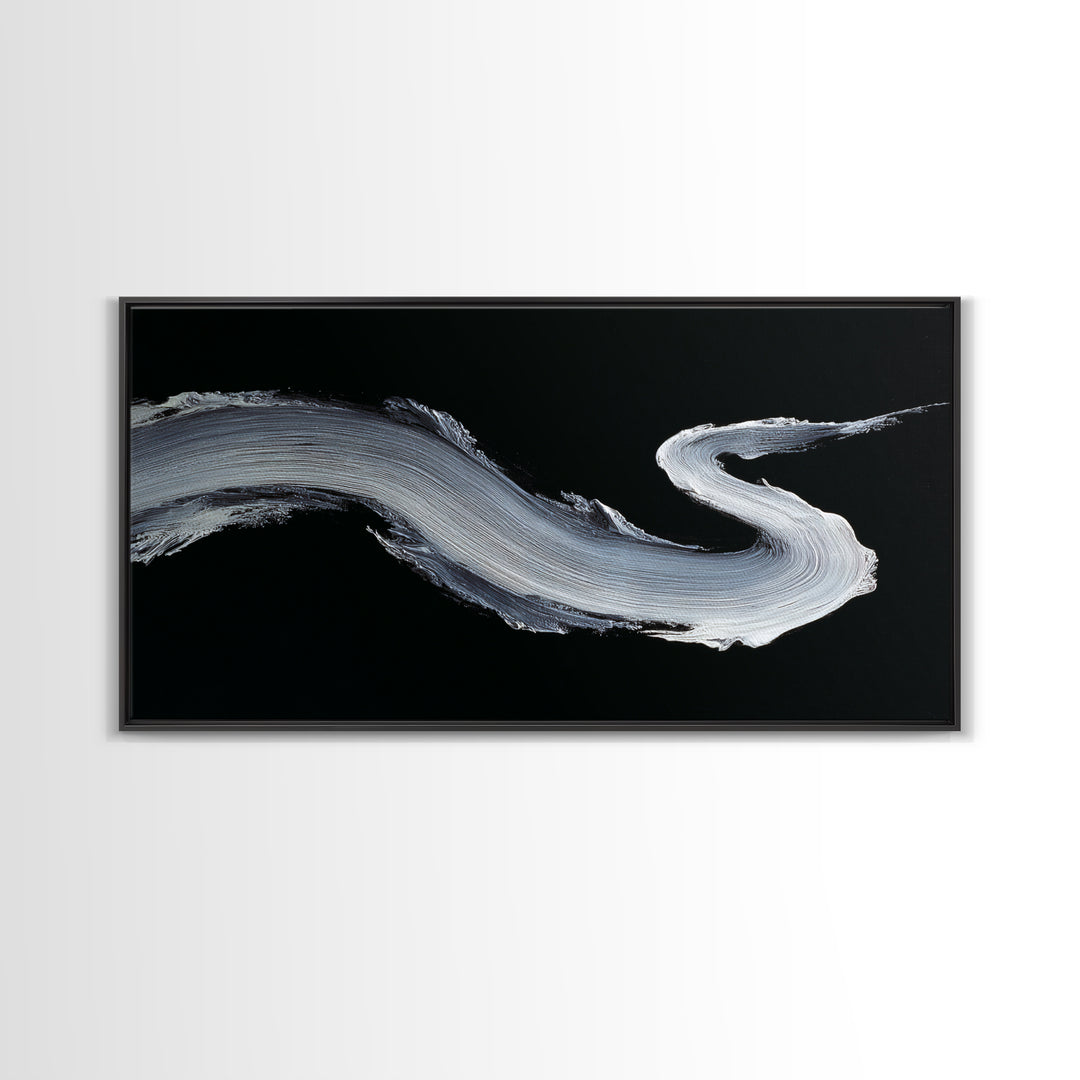 Abstract Bold White Brushstroke On Black Background Modern Wall Art, Canvas Print For Contemporary Home Decor And Office Decoration