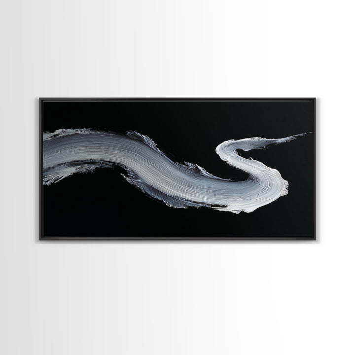 Abstract Bold White Brushstroke On Black Background Modern Wall Art, Canvas Print For Contemporary Home Decor And Office Decoration