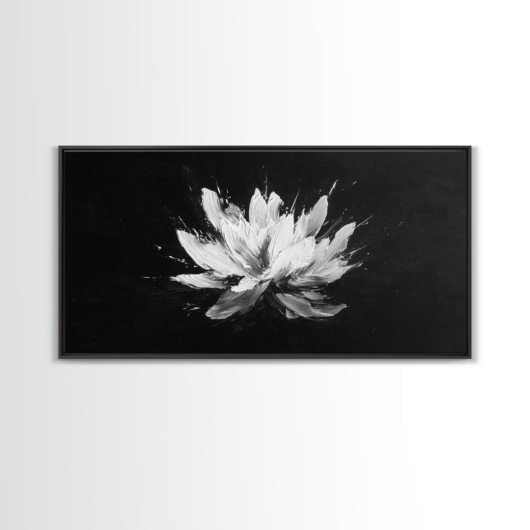 Abstract White Flower On Black Background Minimalist Wall Art Modern Home Decor Canvas Print For Living Room And Bedroom
