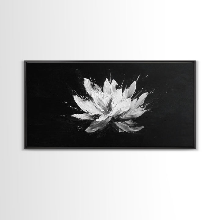 Abstract White Flower On Black Background Minimalist Wall Art Modern Home Decor Canvas Print For Living Room And Bedroom