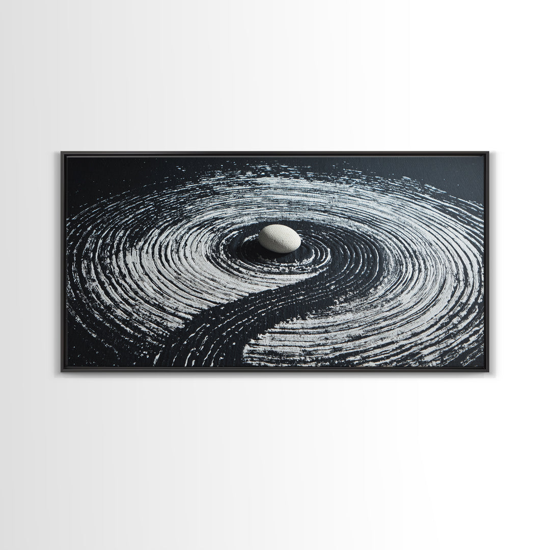 Zen Garden White Stone With Spiral Raked Sand Minimalist Black And White Wall Art Canvas Print