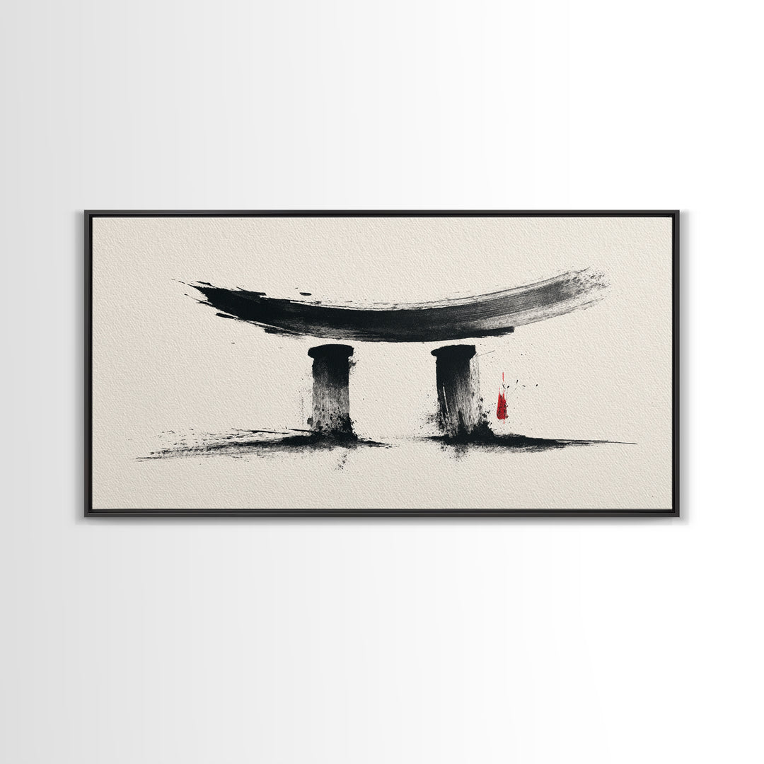 Minimalist Abstract Black Ink Calligraphy Inspired Wall Art Featuring Stylized Traditional Japanese Torii Gate In Ink Wash Style Framed Canvas Print