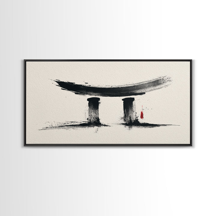 Minimalist Abstract Black Ink Calligraphy Inspired Wall Art Featuring Stylized Traditional Japanese Torii Gate In Ink Wash Style Framed Canvas Print