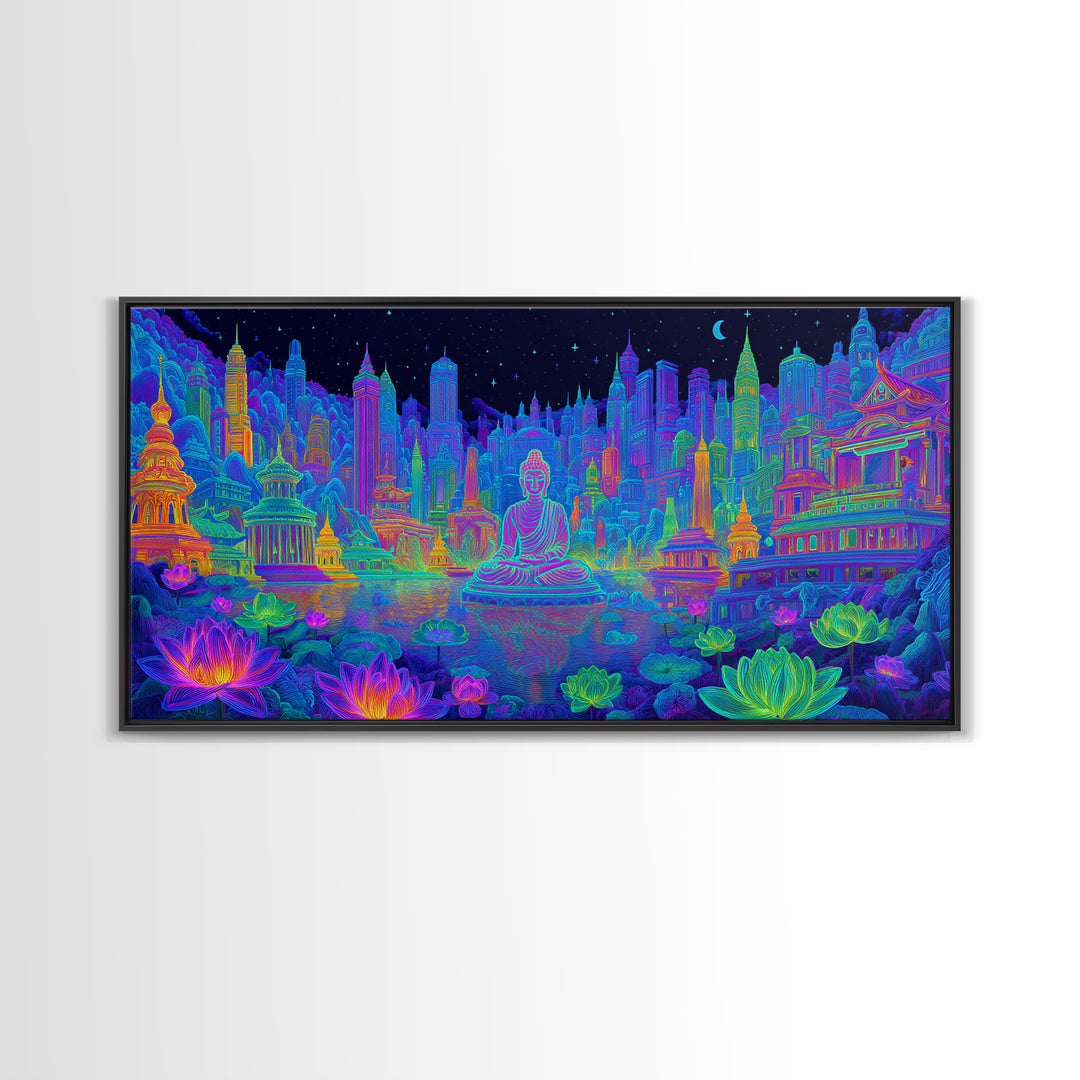 Vibrant Neon Cityscape With Buddha Statue And Lotus Flowers Modern Wall Art Colorful Spiritual Canvas Print